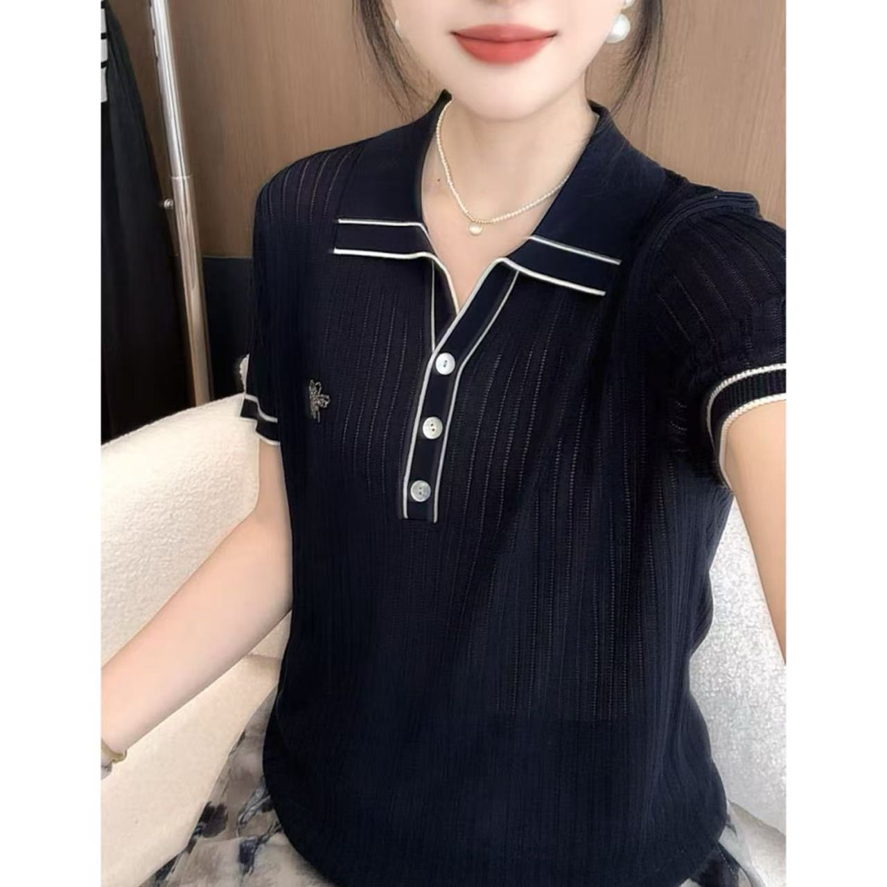 丽丽家~蜜蜂水钻短袖显瘦气质洋气时尚休闲夏季翻领上衣