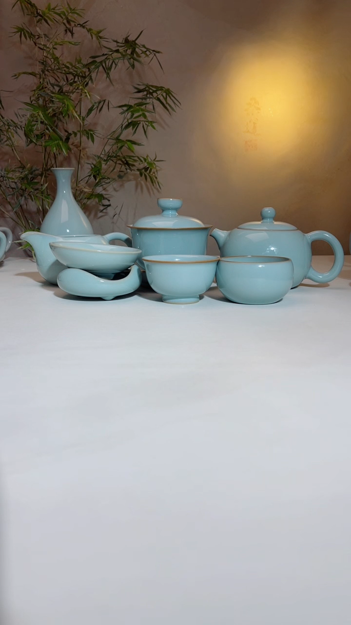 天青支钉西施壶十件套加天青随缘盖碗