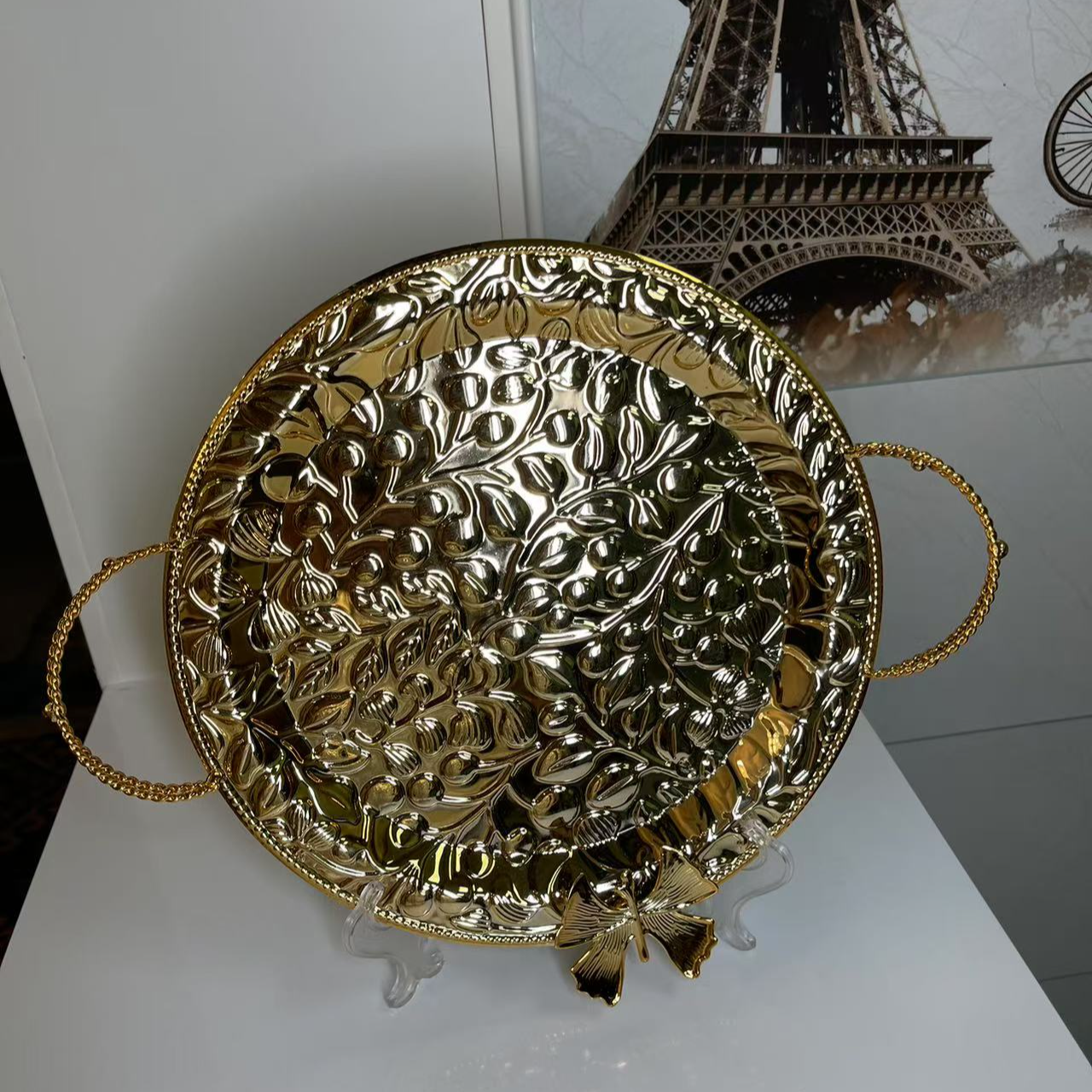 欧式出口葡萄压花金色高档蝴蝶托盘