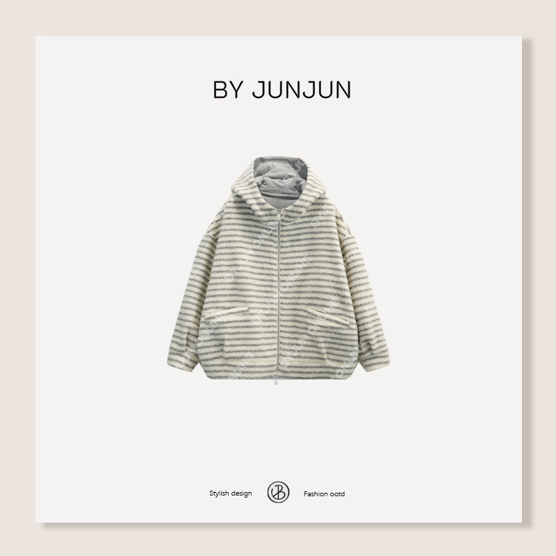 ByJunjun慵懒甜妹 条纹摇粒绒外套冬季百搭显瘦减龄保暖上衣