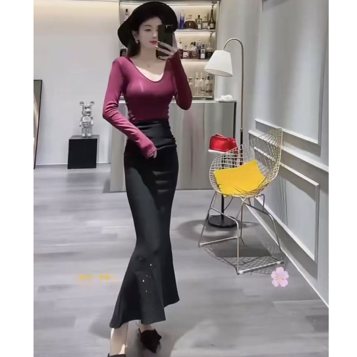 时尚显瘦烫钻褶皱鱼尾裙高腰