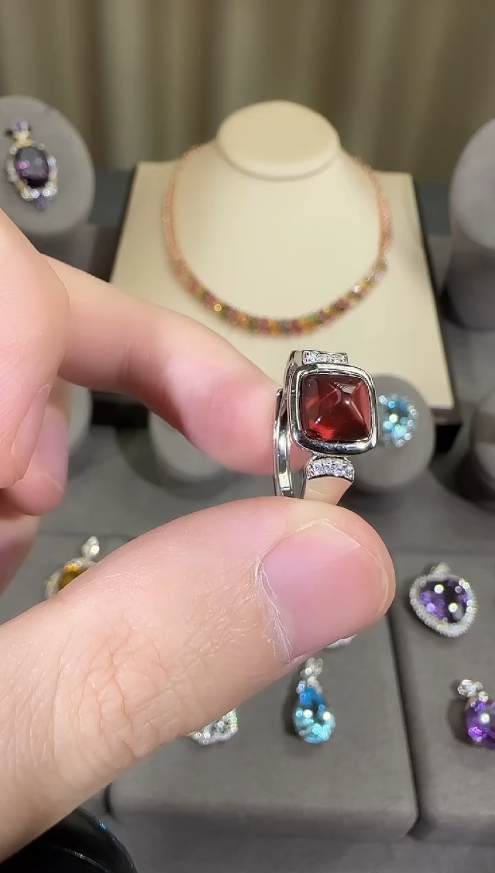 银S925镶嵌戒指石榴石（芬达石）6mm戒指简约设计款