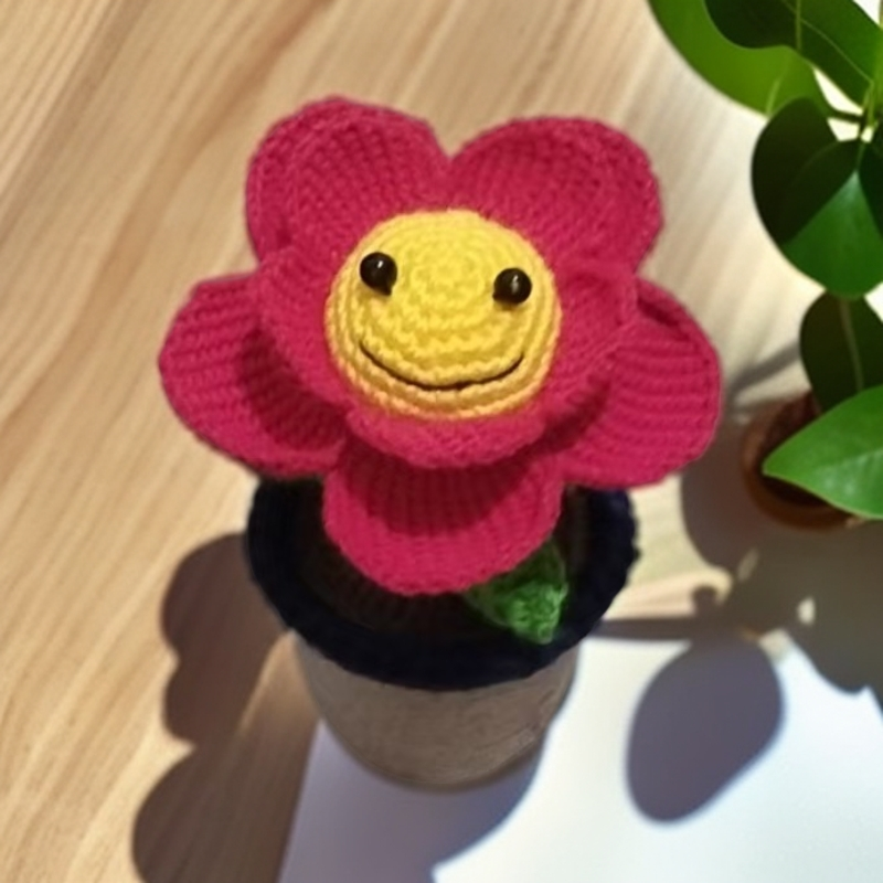 无指妈妈成品毛线编织大红花小盆栽仿真花办公室桌生日礼物永生花