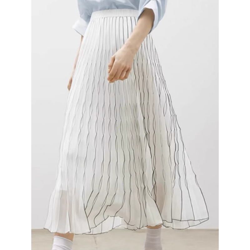 1433麦同款清透珍珠纱/大裙摆百褶白色半身裙商场同款春夏