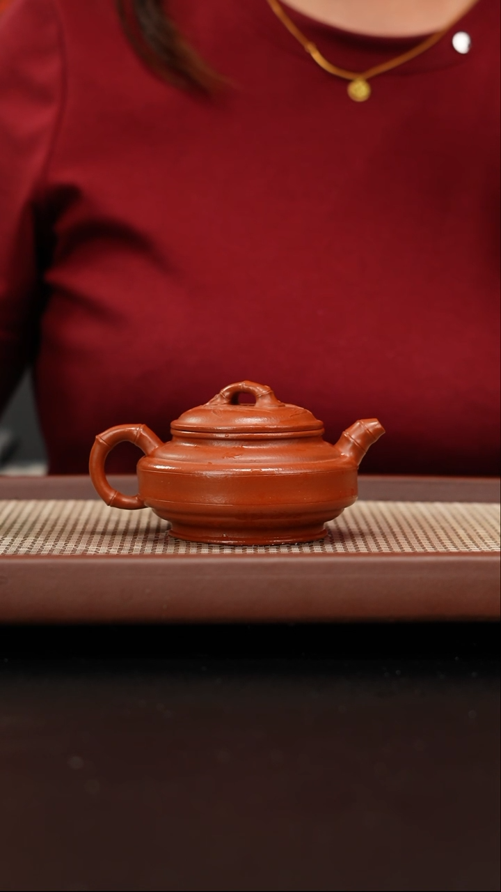 茶壶紫砂微瑕黄龙山朱泥双线竹鼓150cc张涛