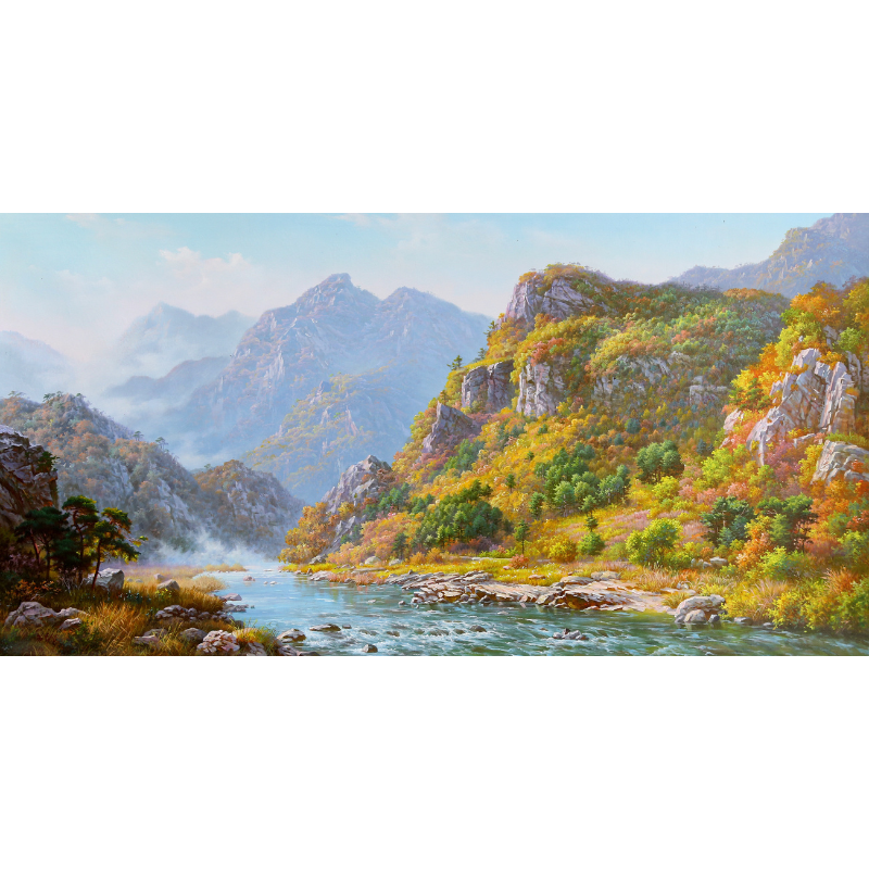 风景山水油画 84x164cm 朝鲜画高端客厅画沙发背景纯手绘办公室画