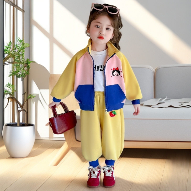 女童春秋套装2025新款洋气童装秋季儿童拉链韩版女宝卡通两件套  