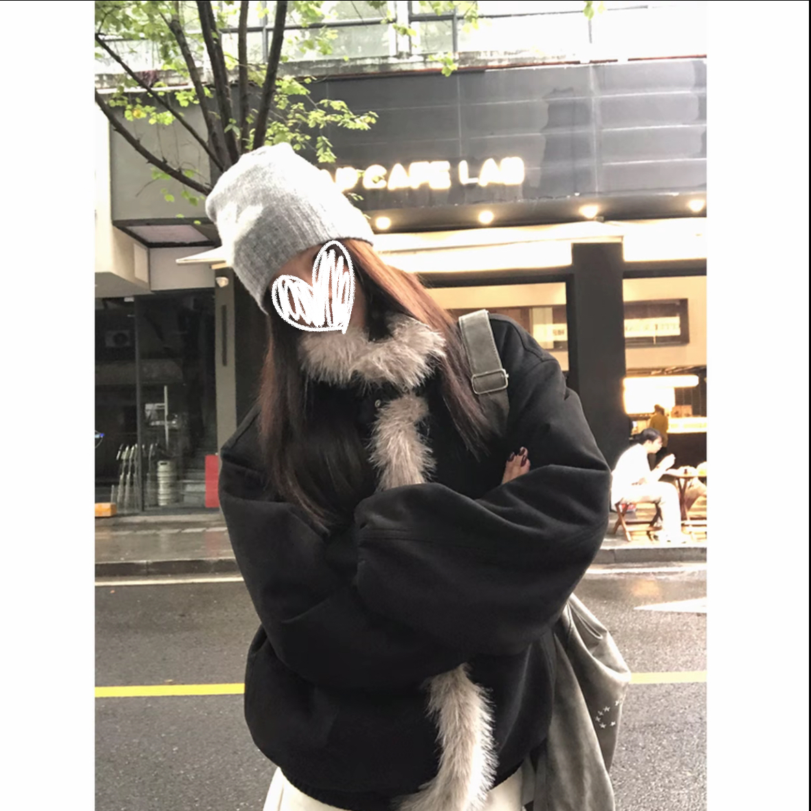【落日深意】毛毛外套 秋冬时尚纯黑长袖毛领毛毛宽松外套女D943