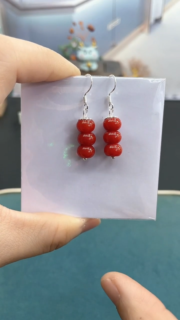 未镶嵌南红玛瑙耳饰8mm*红竹节耳钩