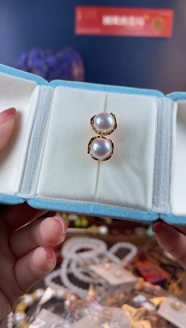 银S925镀金镶嵌耳饰淡水珍珠，橘色耳钉