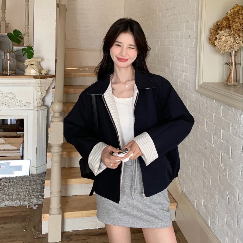 Creamsu叙白 巴恩风韩国条纹夹克女秋复古双面穿长袖上衣外套