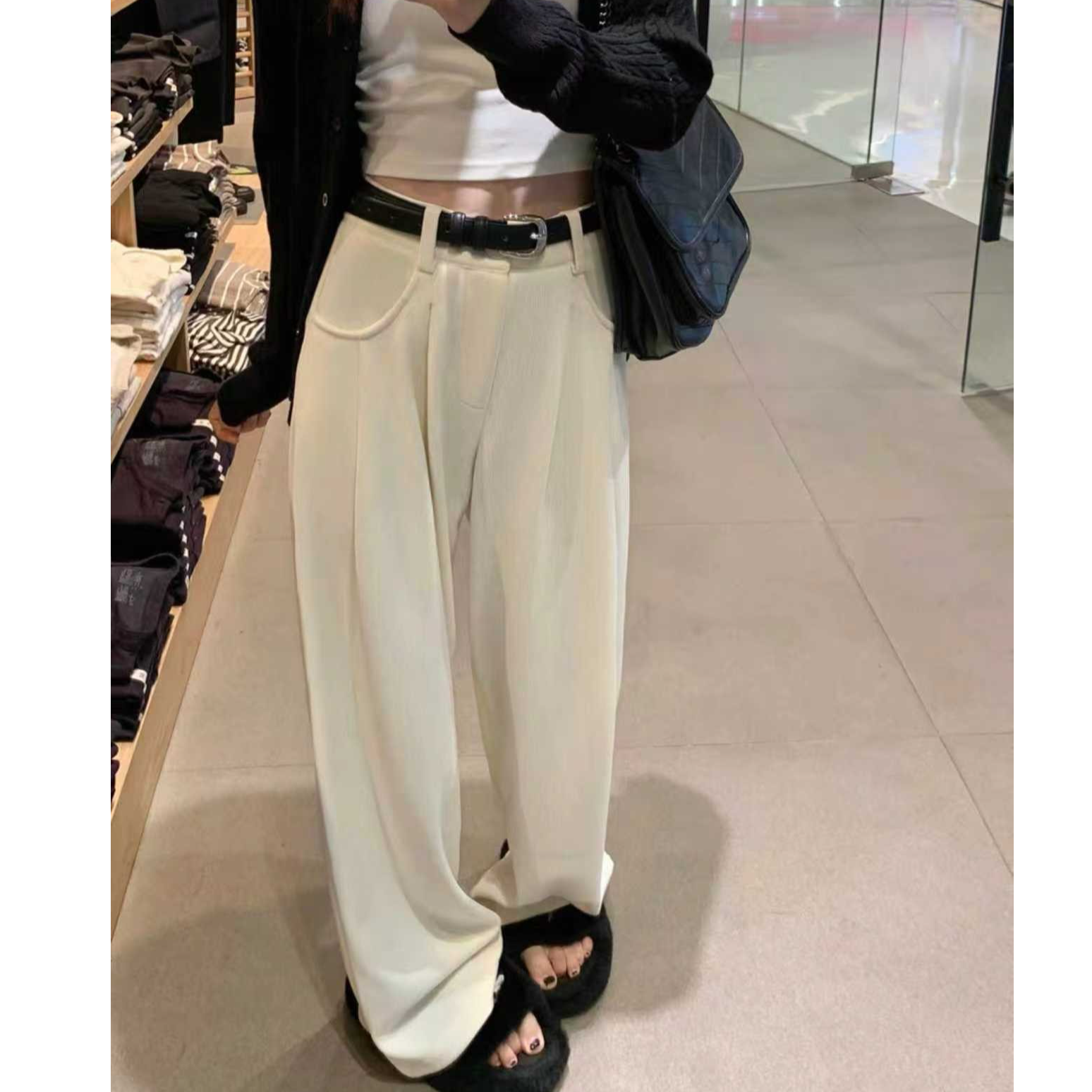 胖鹅张~慵懒高腰褶皱灯芯绒腰带垂感阔腿裤#9662
