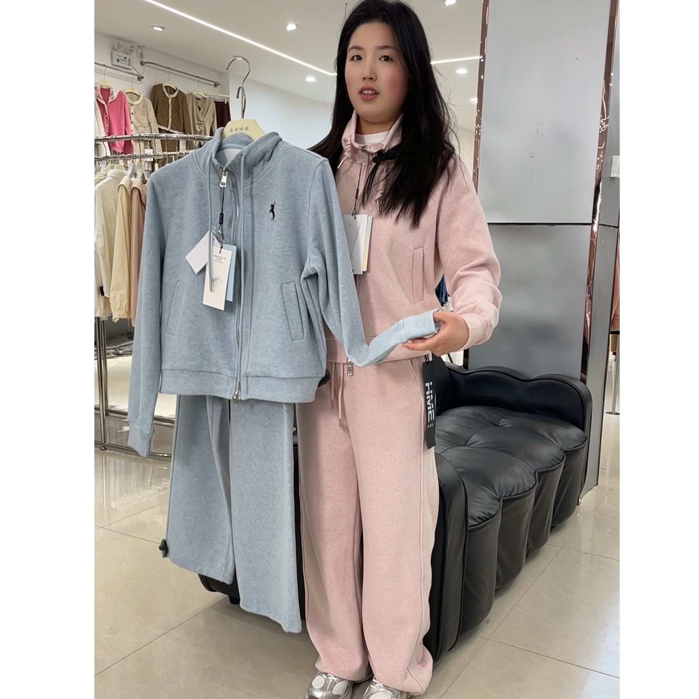 华夫格宽松卫衣开衫立领秋冬秋季运动套装运动连帽时尚