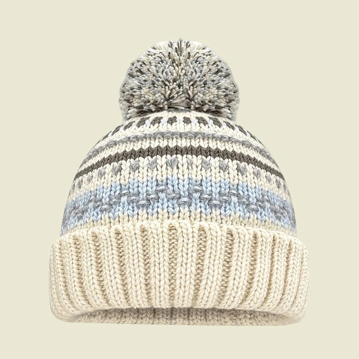 清新费尔岛针织毛线帽子秋冬百搭毛球冷帽保暖护耳韩系针织帽子