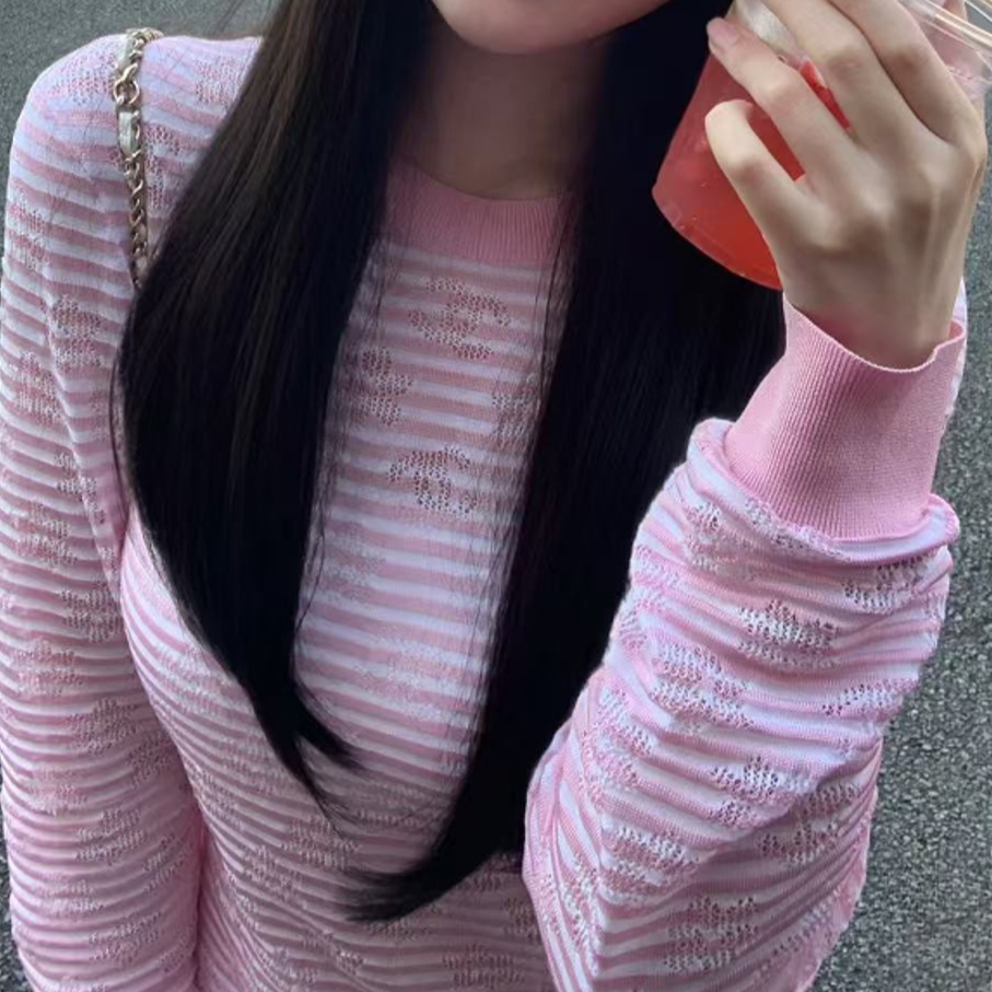 99新 Chanel/香奈儿 24C粉色镂空条纹针织衫 34码