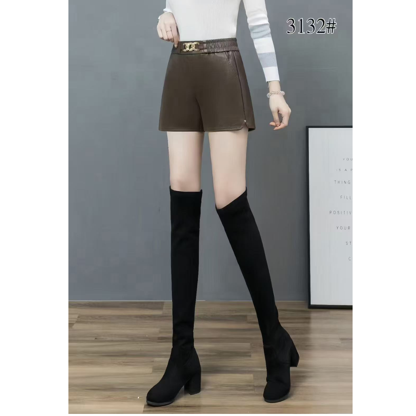 春秋新款时尚百搭松紧腰皮短裤女外穿洋气裤子休闲裤3132裤长35