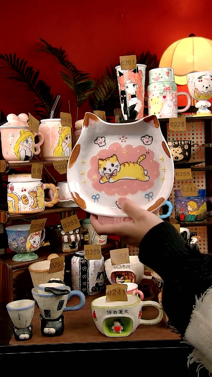盘瓷DIY景德镇创意手绘陶瓷卡通小猫