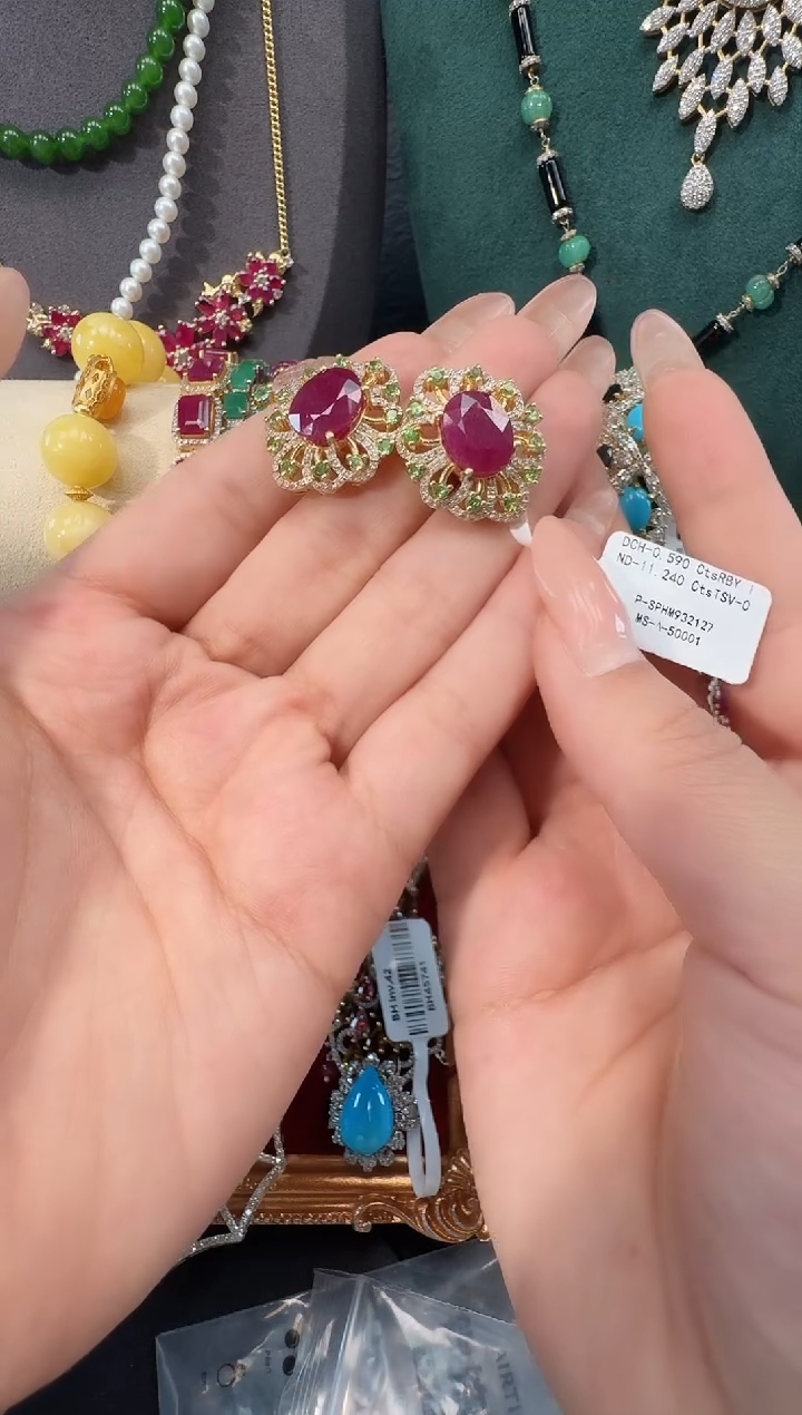 银S925镶嵌耳饰红宝石耳饰