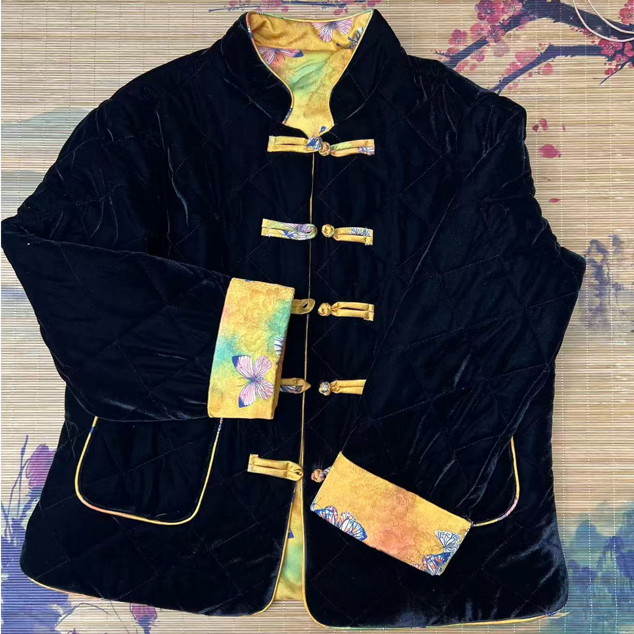 新中式国风黑色丝绒外套女2025新款秋冬装加厚夹棉撞色上衣918