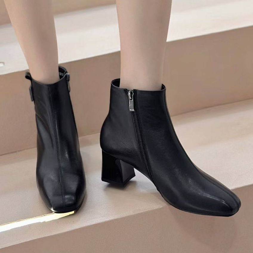 粗跟羊皮加绒短靴2035632黑色