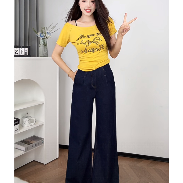 莱赛尔丹宁蓝牛仔裤女夏季薄款高腰显瘦A字不贴腿喇叭阔腿拖地裤