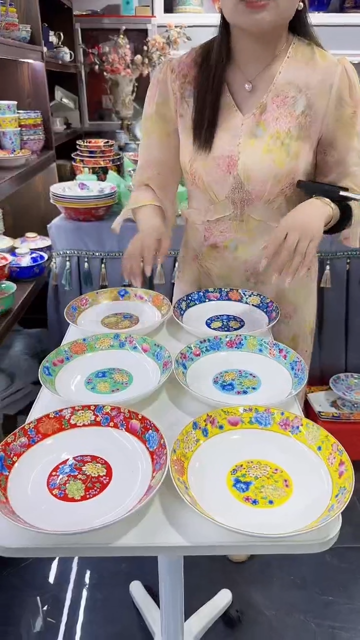 瓷片8英寸圆深盘6个景德镇陶瓷混色