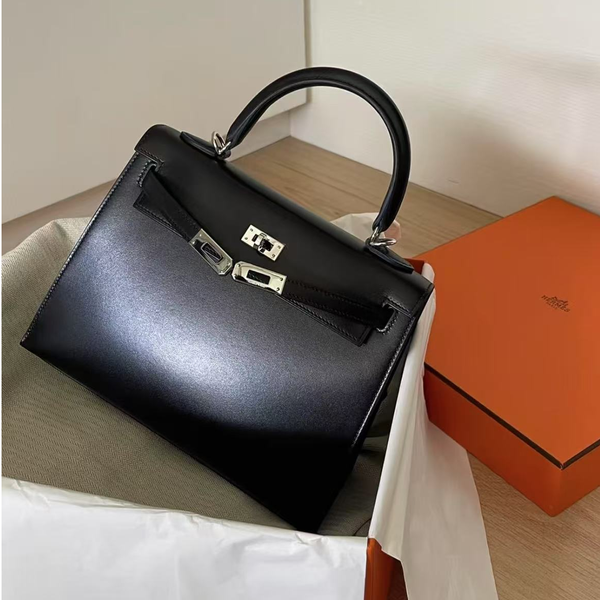 99新 Hermes/爱马仕  kelly25 黑银 box皮 B刻
