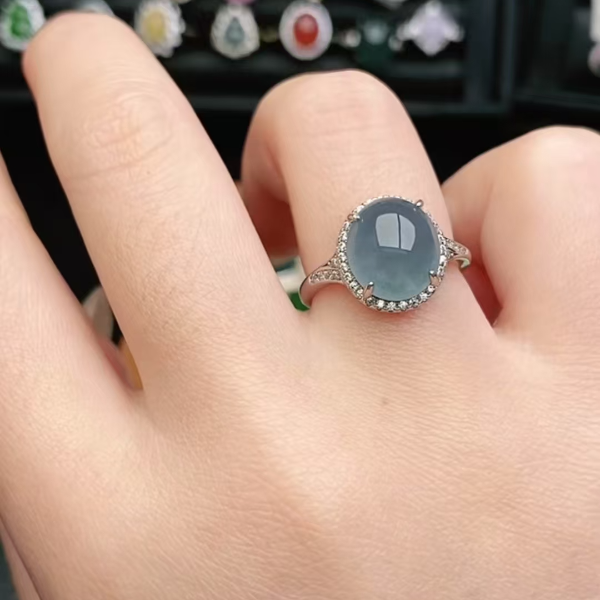 鑫辰珠宝天然A货翡翠银镶嵌设计款开口女戒指时尚百搭