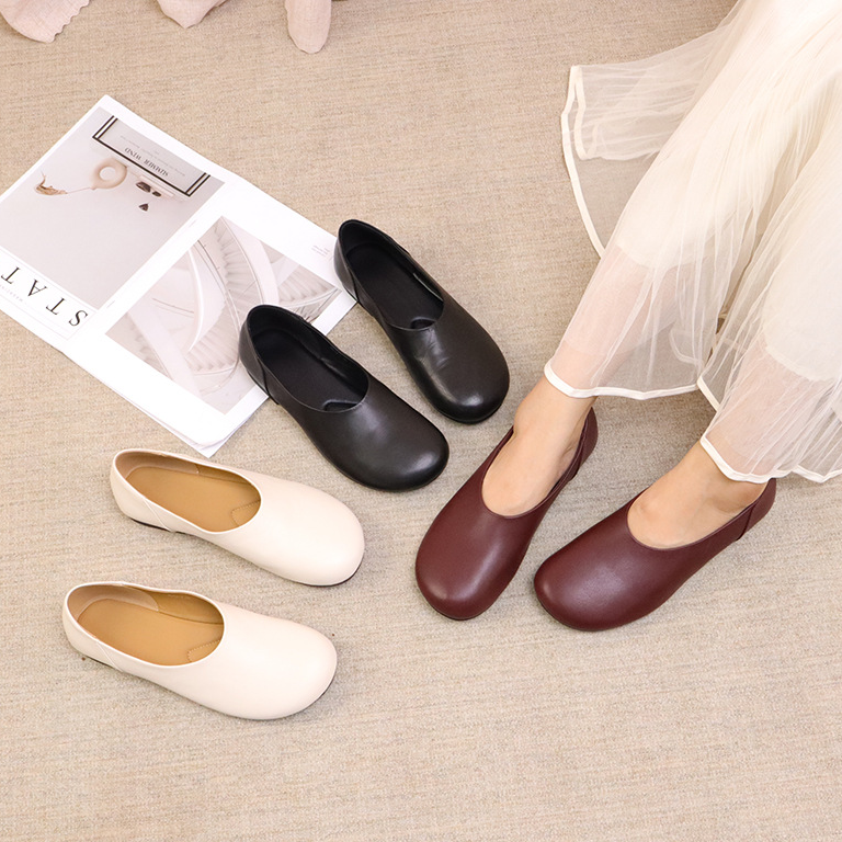 圆头可爱头层牛皮女鞋平底休闲鞋真皮单鞋软皮软底手工鞋纯皮中口