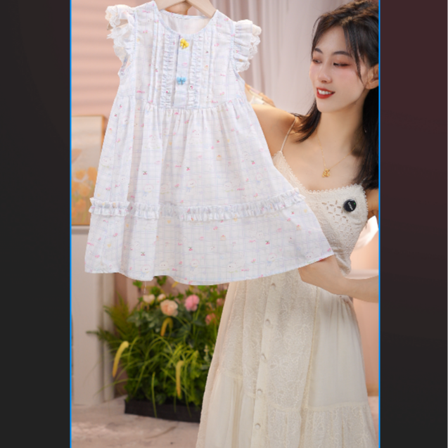 MOMOCO夏季2025新款甜美小清新结小飞袖碎花纯棉连衣裙