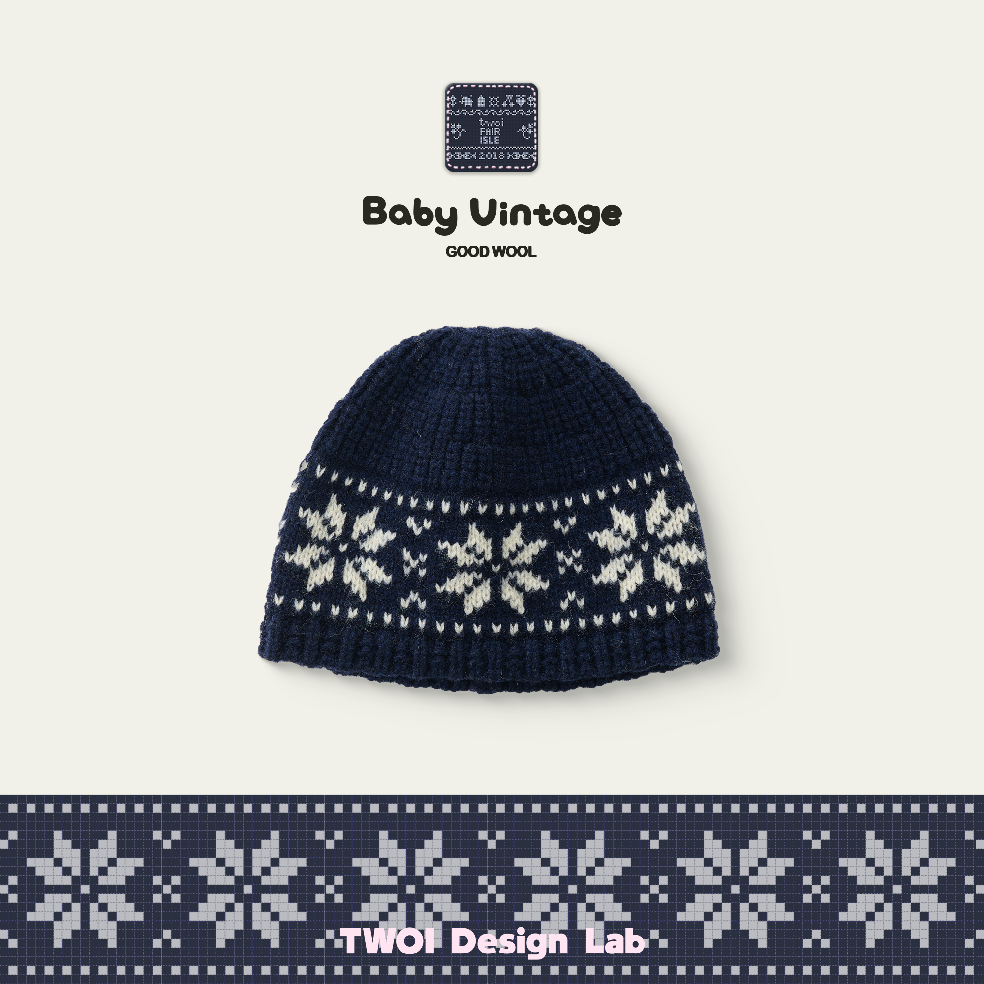 TWOI Design Lab "婴儿复古费尔岛系列"「奶油藏蓝费尔岛毛织帽」