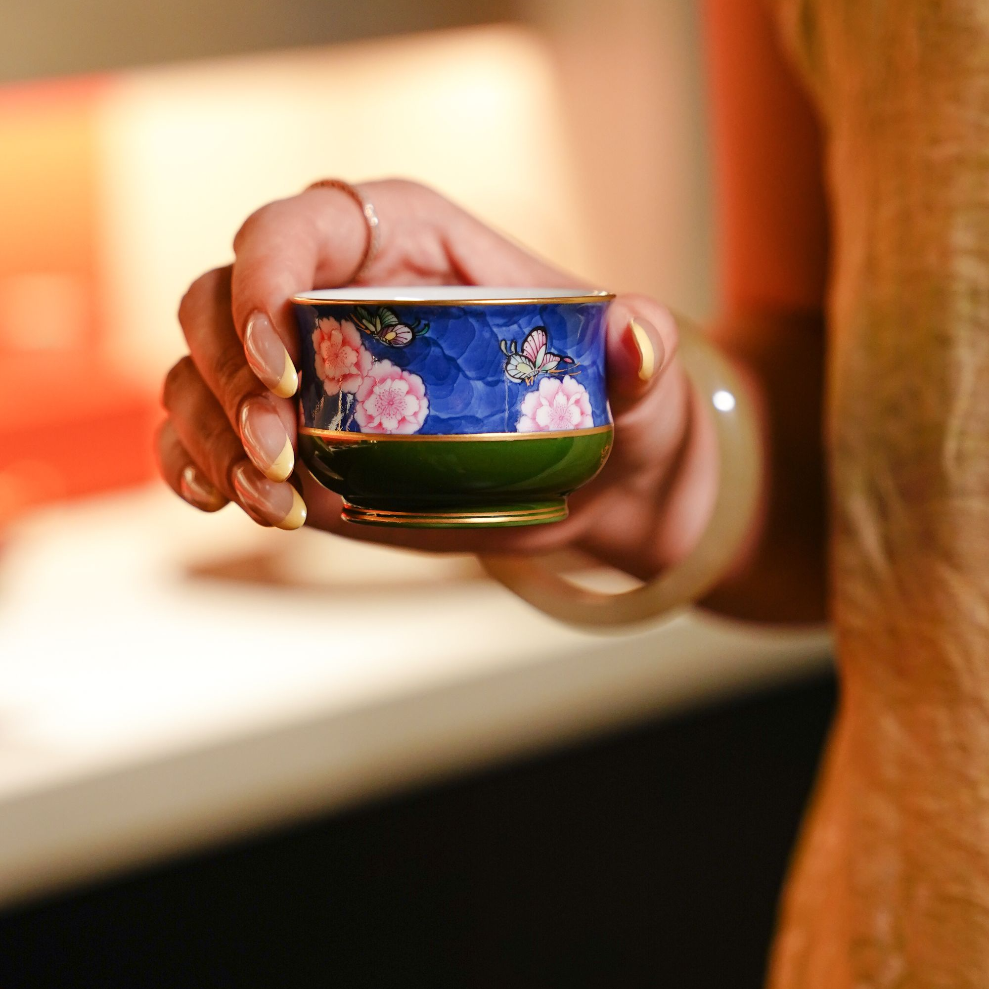 华隐堂  【十里桃花】绿金蝴蝶杯  茶具中式茶道纯手工HYT055