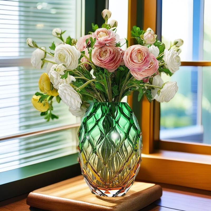 高档水晶琉璃花瓶冷磨凹面欧式琉璃水晶摆件轻奢简约手工制作