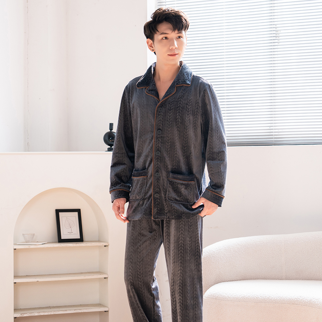 秋冬保暖海岛绒睡衣男女款2024加绒加厚麦穗款家居服睡衣情侣套装