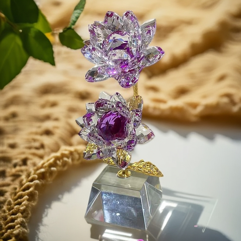 并蒂紫色水晶莲花好运莲莲摆件玄关酒柜家居轻奢高档结婚礼物花器