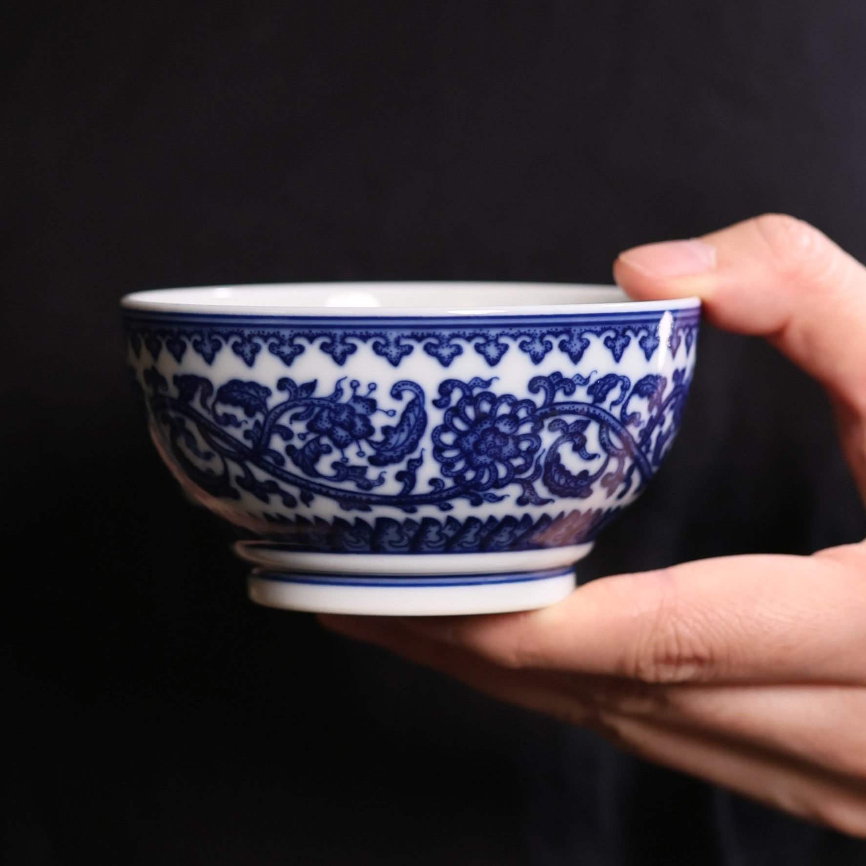 柴窑仿清青花缠枝莲手工手绘主人杯约100CC陶瓷茶杯