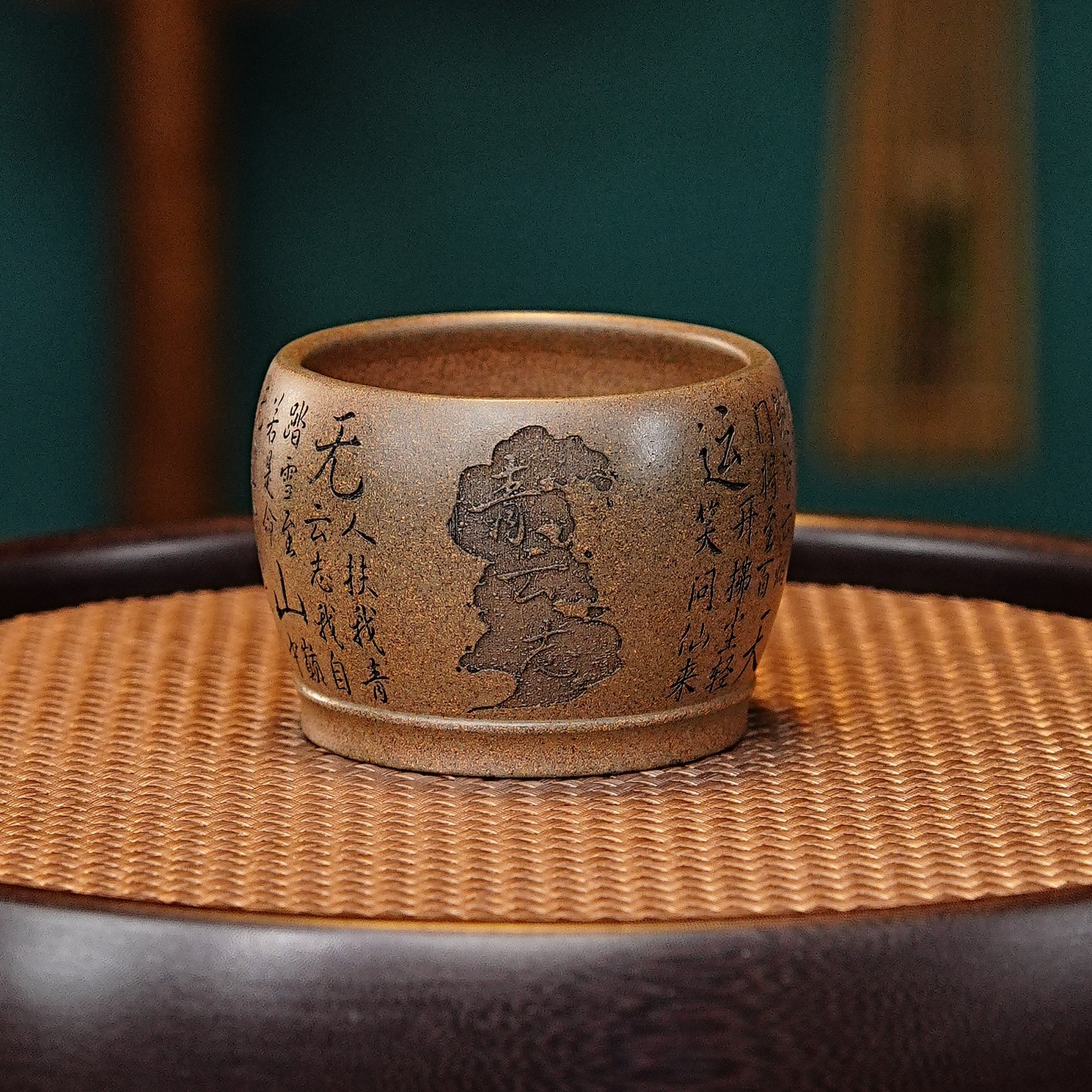 宜兴全手工紫砂原矿龙背青泥料柴烧刻绘青云志主人杯紫砂杯茶杯