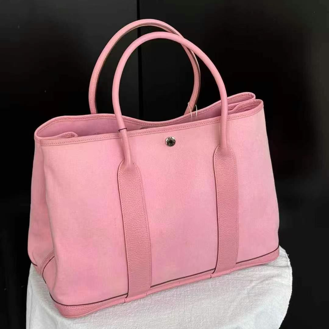 95新 Hermes/爱马仕 花园36 樱花粉 银扣 N皮 拼帆布 框N刻