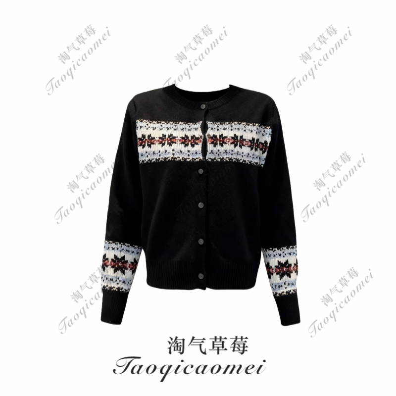 Taoqicaomei · 复古风费尔岛针织开衫女秋冬设计感提花毛衣针织衫