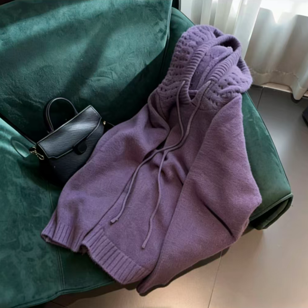 慵懒风软糯镂空连帽毛衣女年秋冬新款宽松百搭打底针织衫上衣