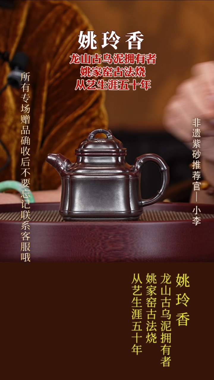 茶壶紫砂49 姚玲香 龙山古乌泥 竹鼎280cc