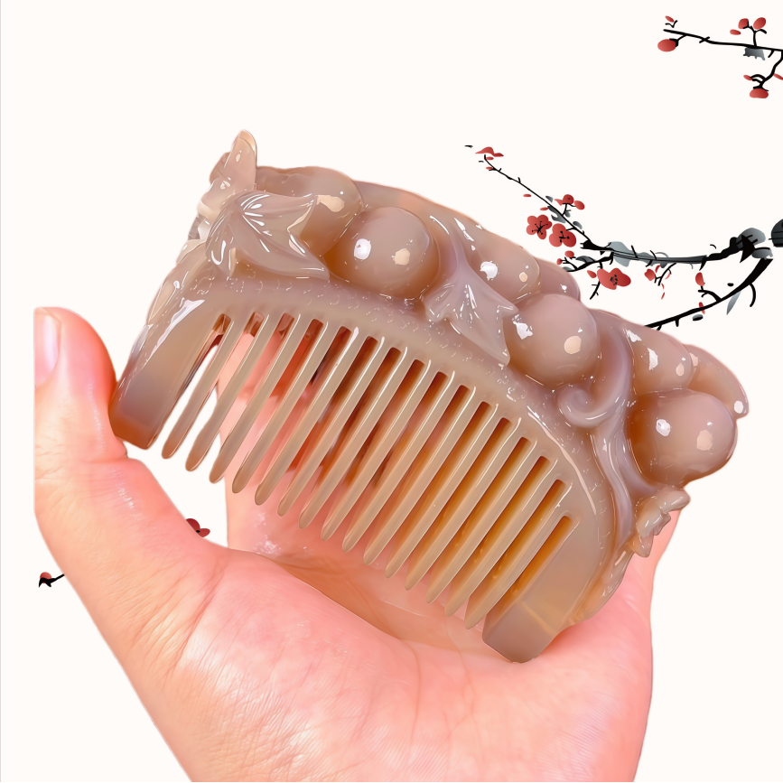 【一物一拍】白水牛角精雕材质精致头部按摩梳