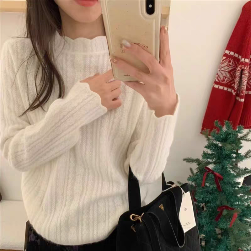 半高领蕾丝内搭打底衫针织衫长袖女装加厚毛衣宽松百搭秋冬套头
