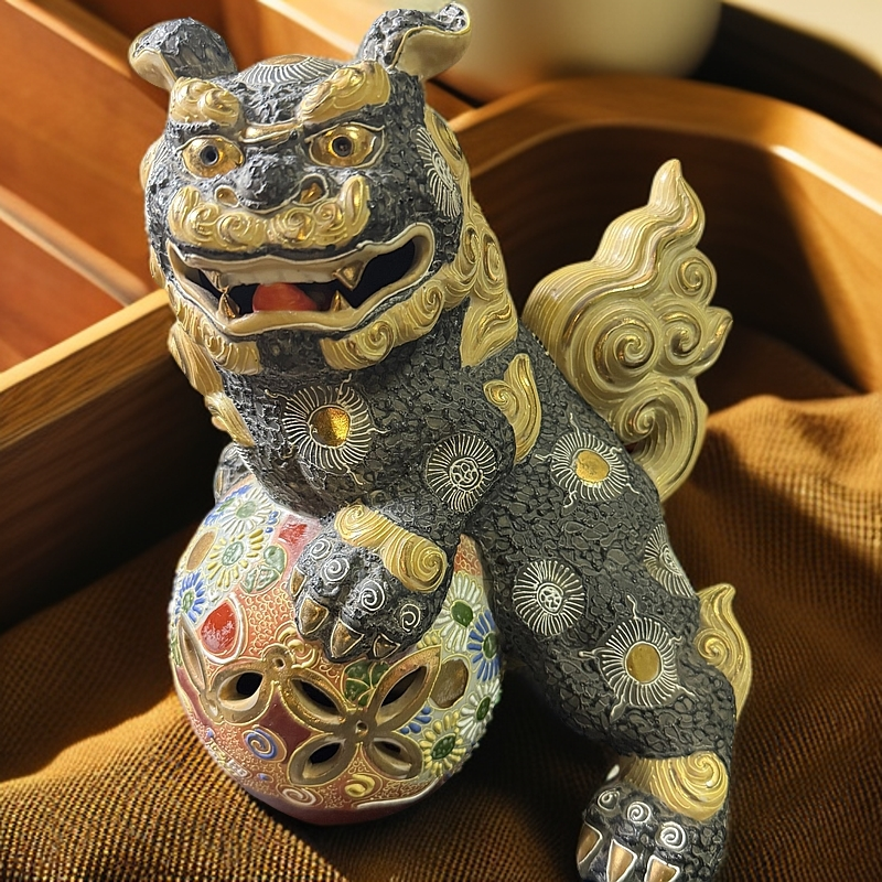 日本中古回流全品九谷黑狮子陶瓷老物件全网唯一