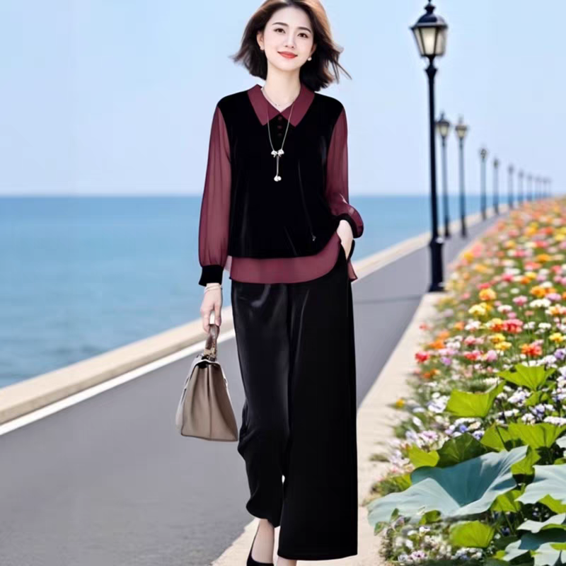 2025秋季女装店新款拼接雪纺假两件上衣+松紧腰显瘦直筒裤套装