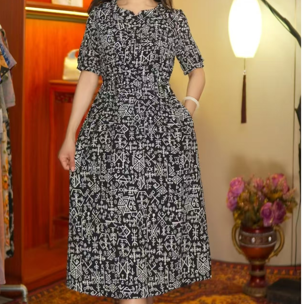 99黑白甲骨文裙妈妈装高妈妈装洋气显瘦气质女装连衣裙