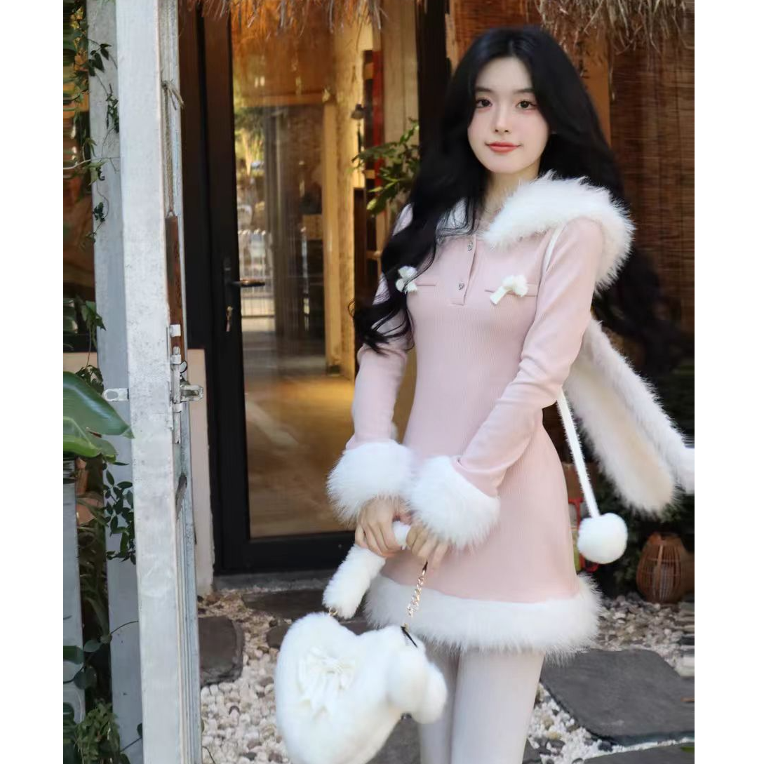 大码女装甜兔少女元气兔子耳朵连帽毛边长短款连衣裙10110