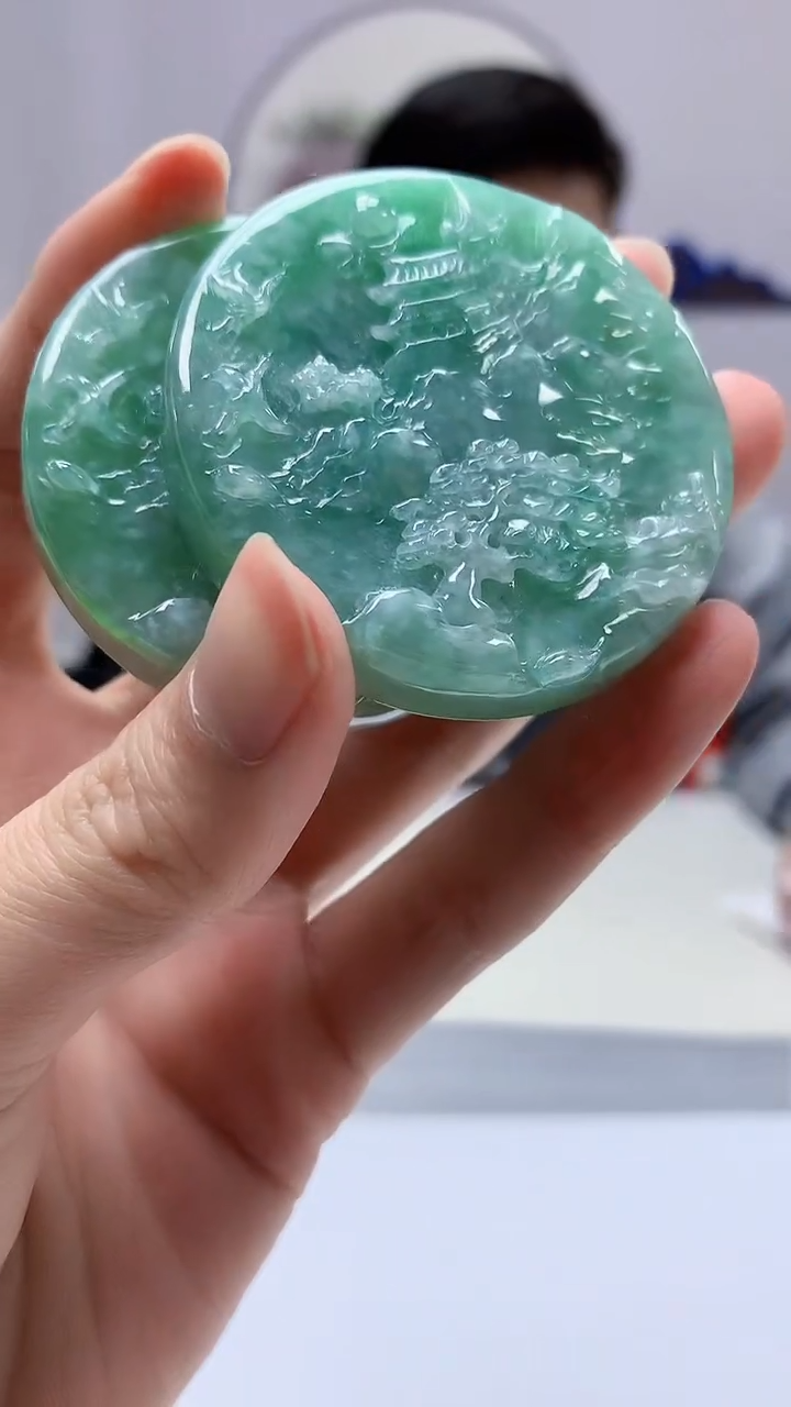 【闪购商品】定制翡翠未镶嵌4917zm-毛货挂件一对山水137