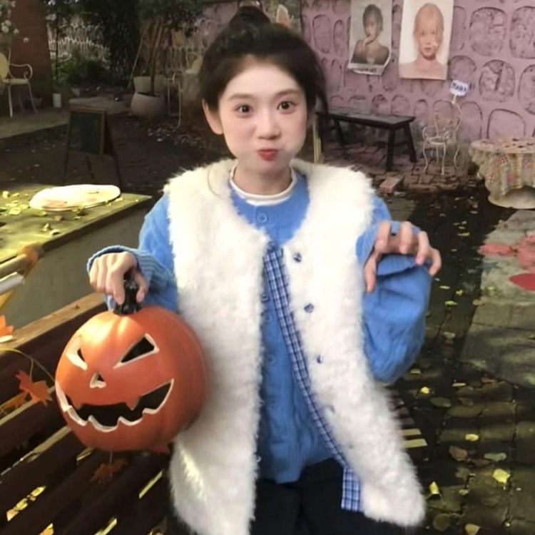 秋冬新款百搭羊羔毛绒无袖马甲女舒适保暖休闲风无外穿温暖马夹
