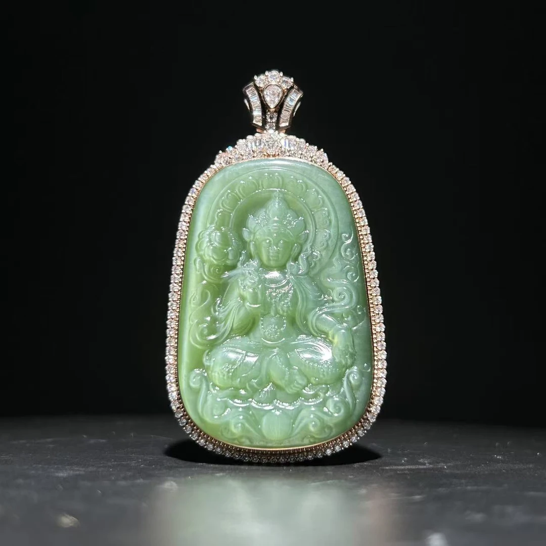 【当代】-和田玉碧玉观音牌